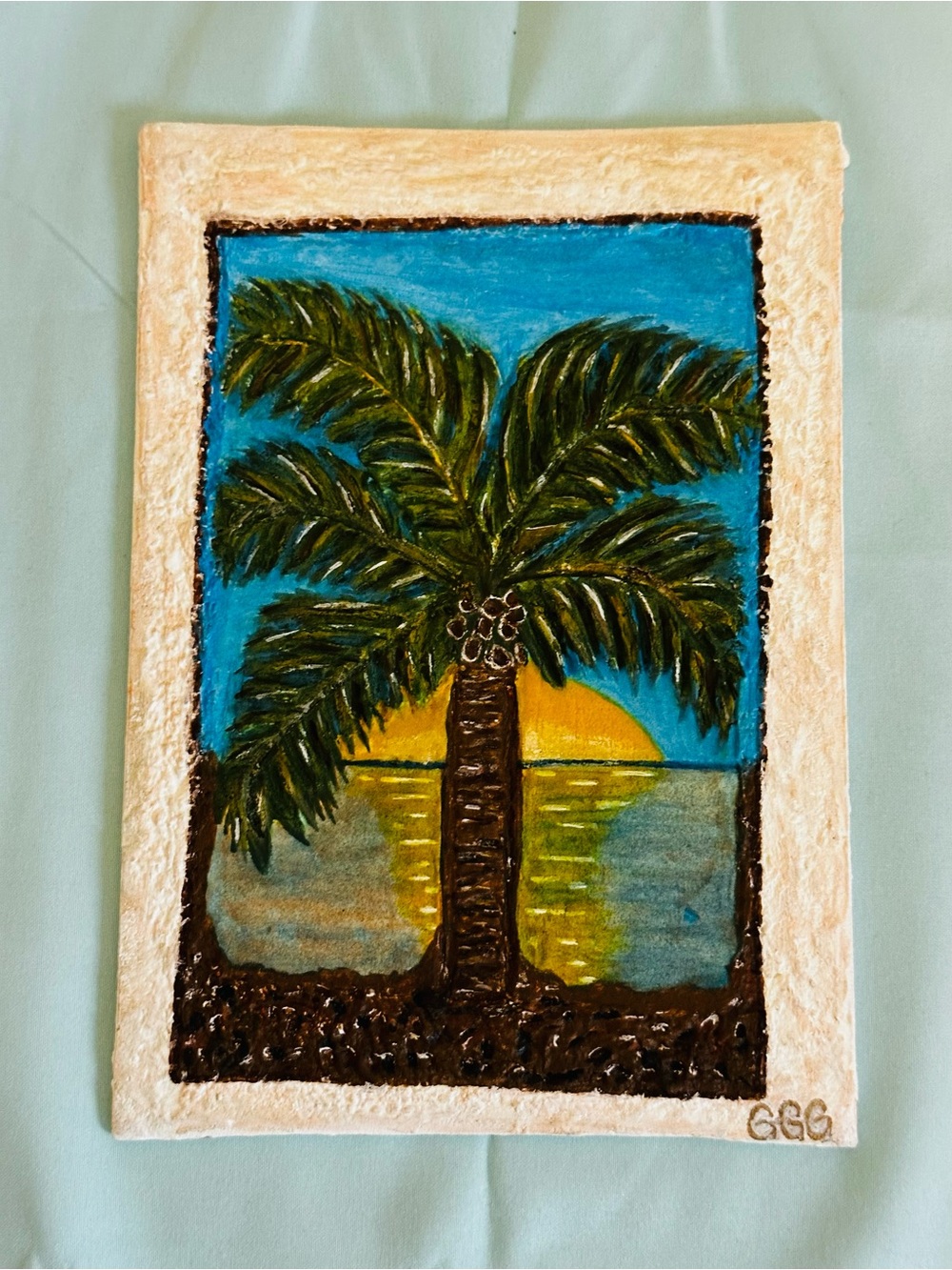 Handpainted Palm Tree Sunset Wall Art - Tropical Colors 5”x7” Panel